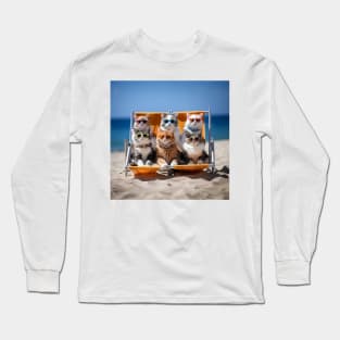 Cats On A Deckchair Sunbathing Wearing Sun Glasses Long Sleeve T-Shirt